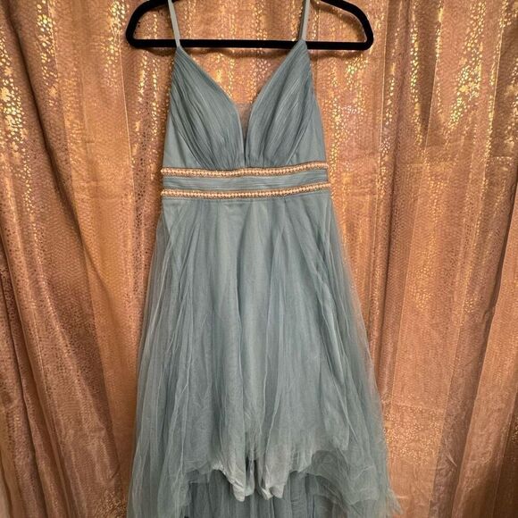 Ever Pretty Dusty Teal Tulle Mesh High Low Pearl Special Occasion Dress Size 6/M - Picture 1 of 14